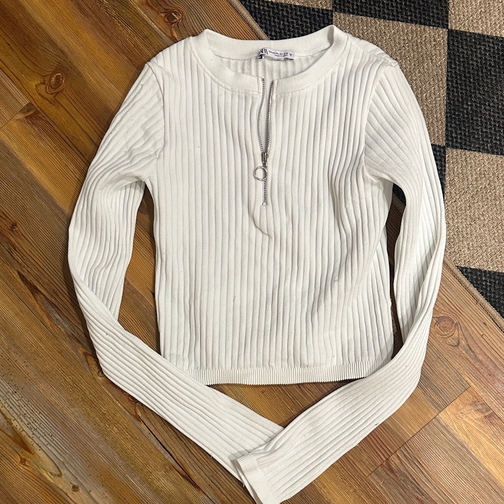 Zara White Ribbed Half-Zip Long Sleeve Top
